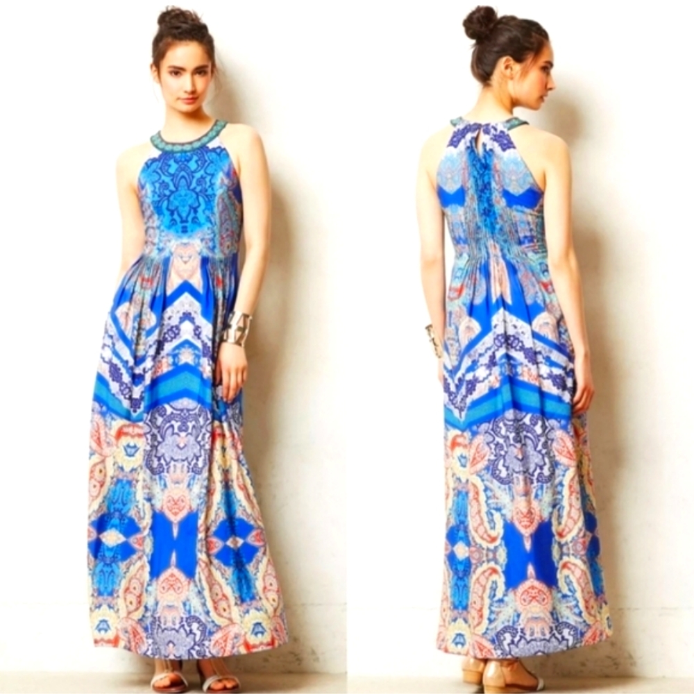 Ranna Gill Boteh Maxi Dress 6 Pleated Embroidered Rhinestone Multicolor - Picture 2 of 13
